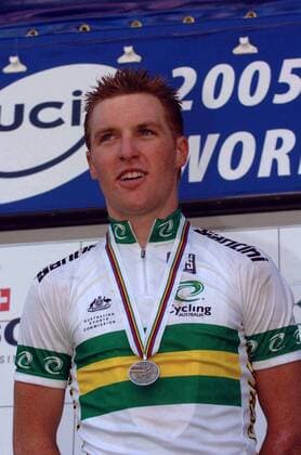 Der Zweitplatzierte William Walker (Australien) bei der Siegerehrung der U 23 WM 2005 -  Radsport WM Herren Weltmeisterschaft 2005, Straßenradsport, Straße, Rad, U23, U 23, Nationaltrikot, Einzelbild Madrid Freude,