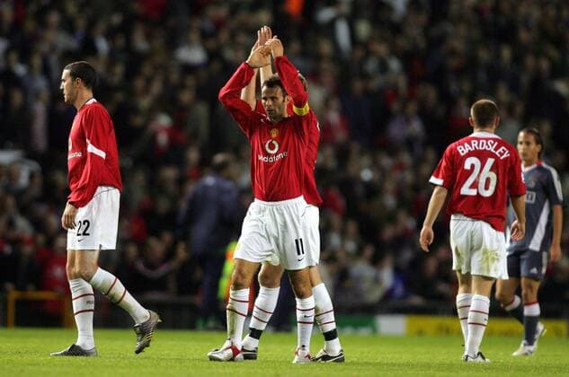 Schlussjubel Manchester United, v.li.: John O Shea, Ryan Giggs und Phillip Bardsley Fußball EC 1 Herren Champions League 2005 2006, English Premier League, 1. Englische Liga, ManU, Manchester United Gruppe pan10945 Manchester  