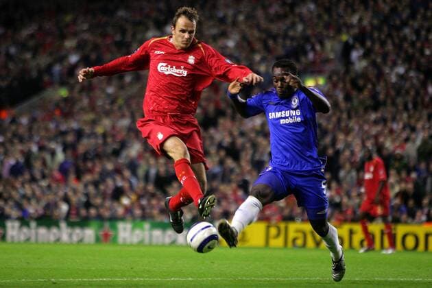 Dietmar Hamann (Liverpool, li.) gegen Mickael Essien (Chelsea) Fußball EC 1 Herren Champions League 2005 2006, FC Liverpool - Chelsea FC London 0:0 Gruppe pan10957 Liverpool Dynamik,  