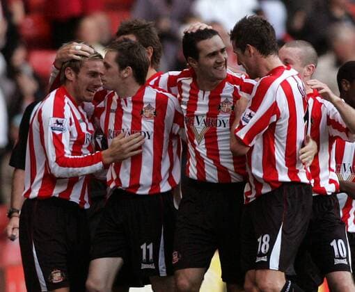 Torjubel Sunderland, v.li.: Liam Lawrence, Andrew Welsh, Tommy Miller und Andy Gray -  Fußball Herren English Premier League 2005 2006, 1. Englische Liga, Sunderland AFC, FC Gruppe Sunderland Freude,