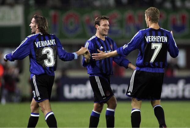 Schlussjubel FC Brügge, v. re.: Gert Verheyen, Gregory Dufer und Sven Vermant -  Fußball EC 1 Herren Champions League 2005 2006, Club Brügge KV Gruppe Wien Freude,