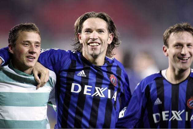 Schlussjubel FC Brügge, v. li.: Jonathan Blondel, Sven Vermant und Gregory Dufer -  Fußball EC 1 Herren Champions League 2005 2006, Club Brügge KV Gruppe Wien Freude,