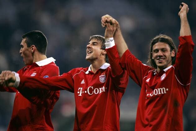 Schlussjubel Bayern, v.li.: Lucio, Sebastian Deisler und Martin Demichelis Fußball EC 1 Herren Champions League 2005 2006, FC Bayern München Gruppe München Freude,