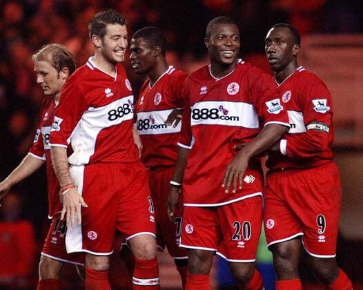 Torjubel Middlesbrough, v.re.: Jimmy Floyd Hasselbaink, Yabuku Ayegbeni, George Boateng, Franck Queudrue und Gaizka Mendieta -  Fußball Herren English Premier League 2005 2006, 1. Englische Liga, FC Middlesbrough Gruppe Jerrel, Middlesbrough Freude,