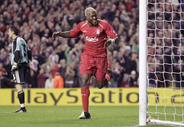 Djibril Cisse (Liverpool) dreht zum Torjubel ab, dahinter Torwart Silvio Proto (Anderlecht) enttäuscht - EDITORIAL USE ONLY. No use with unauthorised audio, video, data, fixture lists, club league logos or live services. Online in-match use limited to 120 images, no video emulation. No use in betting, games or single club league player publications. Fußball EC 1 Herren Champions League 2005 2006, FC Liverpool - RSC Anderlecht 3:0 Gruppe Liverpool Freude,