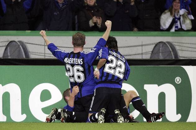 Birger Maertens (li.) und Javier Garcia Portillo (beide FC Brügge) - Torjubel -  Fußball EC 1 Herren Champions League 2005 2006, Club Brügge KV Gruppe Brügge Freude,