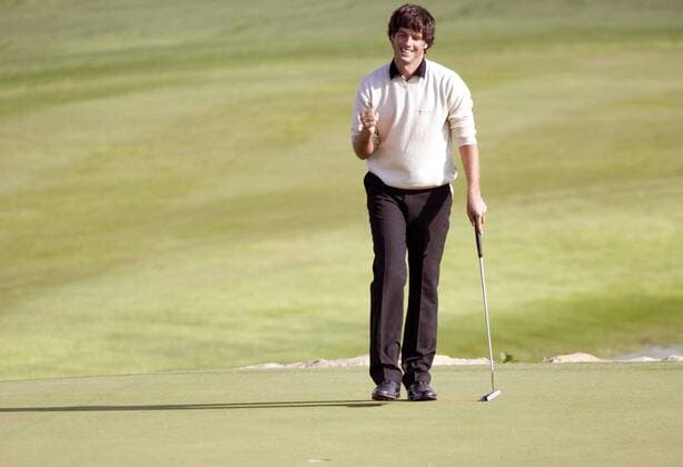Christian Reimbold (Deutschland) jubelt über seinen gelungenen Put Golf Herren WGC Algarve World Cup 2005, PGA European Tour, World Championships, Golfen Einzelbild Vilamoura Freude,