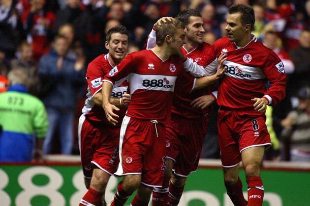 Torjubel Middlesbrough, v.re.: Szilard Nemeth, Stuart Parnaby, James Morrison und Franck Queudrue -  Fußball Herren English Premier League 2005 2006, 1. Englische Liga, FC Middlesbrough Gruppe Middlesbrough Freude,