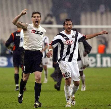 Torwart Morgan de Sanctis und Stefano Mauri (beide Udine) - Schlussjubel -  Fußball EC 1 Herren Champions League 2005 2006, Udinese Calcio Gruppe Athen Freude, Begeisterung,