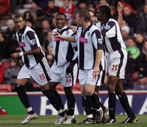 Torjubel West Brom, v.li. Diomansy Kamara, Nathan Ellington, Steve Watson und Nwankwo Kanu -  Fußball Herren English Premier League 2005 2006, 1. Englische Liga, West Bromwich Albion Gruppe Middlesbrough Freude,