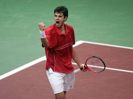 Mario Ancic (Kroatien) - Jubelschrei Tennis Herren Davis Cup 2005, DavisCup, Finale, Hartplatz, Hardcourt, Hartplatztennis, Hartplatzturnier Einzelbild Bratislava Begeisterung, Freude,