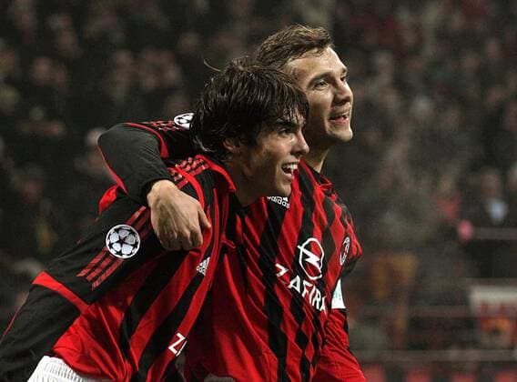 Kaka (vorn) und Andriy Shevchenko (beide AC Mailand) - Torjubel -  Fußball EC 1 Herren Champions League 2005 2006, AC Mailand, Milan Gruppe Mailand Begeisterung, Freude,
