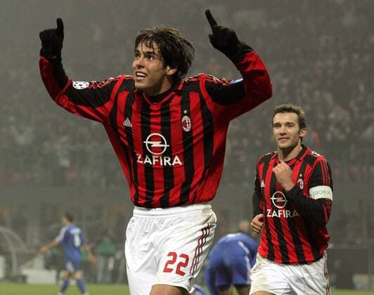 Kaka (vorn) und Andriy Shevchenko (beide AC Mailand) - Torjubel -  Fußball EC 1 Herren Champions League 2005 2006, AC Mailand, Milan Gruppe Mailand Begeisterung, Freude,