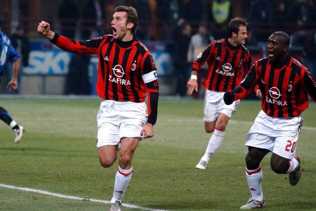 Andriy Shevchenko (Mitte), Clarence Seedorf (re.) und Gilardino (alle Milan) - Torjubel Fußball Herren Serie A 2005 2006, 1. Italienische Liga, FC Internazionale Mailand - AC Mailand 3:2, Milan, Inter Gruppe Mailand Freude, Begeisterung,