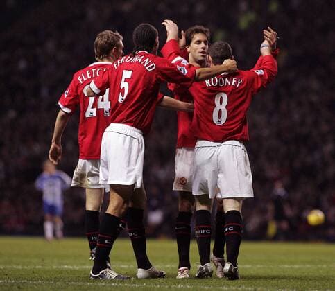 Torjubel Manchester United, v.li.: Darren Fletcher, Rio Ferdinand, Ruud van Nistelrooy und Wayne Rooney -  Fußball Herren English Premier League 2005 2006, 1. Englische Liga, Manchester United, ManU Gruppe Manchester Begeisterung, Freude,