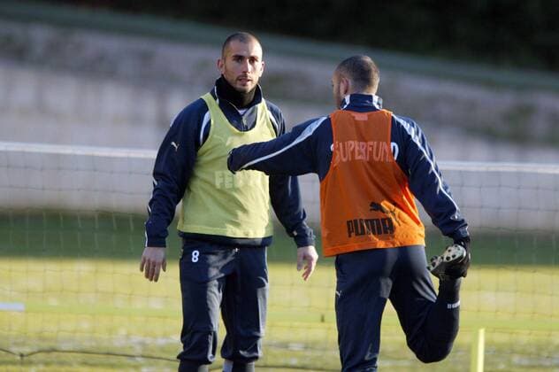 Neuzugang Marco di Vaio (li.) bei der Erwärmung neben Ernesto Javier Chevanton (beide Monaco) Fußball Herren Ligue 1 2005 2006, 1. Französische Liga, AS Monaco, Training Gruppe pan11885 Monte Carlo  