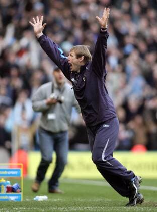 Trainer Stuart Pearce (Manchester City) - Torjubel -  Fußball Herren English Premier League 2005 2006, 1. Englische Liga, Manchester City FC Einzelbild Manchester Freude, Begeisterung,