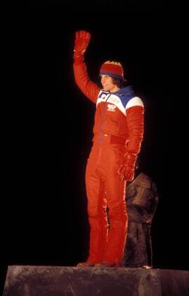 Olympiasieger Eric Heiden (USA) während der Siegerehrung Eisschnellauf OS Winter Herren Olympische Spiele 1980, Winterspiele, Vdia Einzelbild Lake Placid Freude,