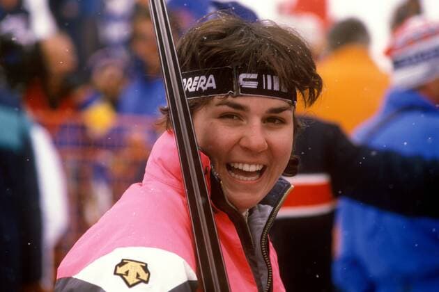 Olympiasiegerin Michela Figini (Schweiz) Alpiner Skilauf OS Winter Damen Olympische Spiele 1984, Winterspiele, Ski Alpin, Skisport, Abfahrt, Vdia Porträt Jahorina Sarajevo Freude, Begeisterung,