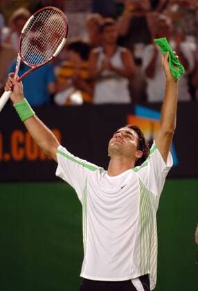 Roger Federer (Schweiz) - Siegesjubel Tennis Herren Australian Open 2006, Grand Slam, ATP Tour, Einzelbild o0 Finale Endspiel Melbourne Glück, Freude, Begeisterung,