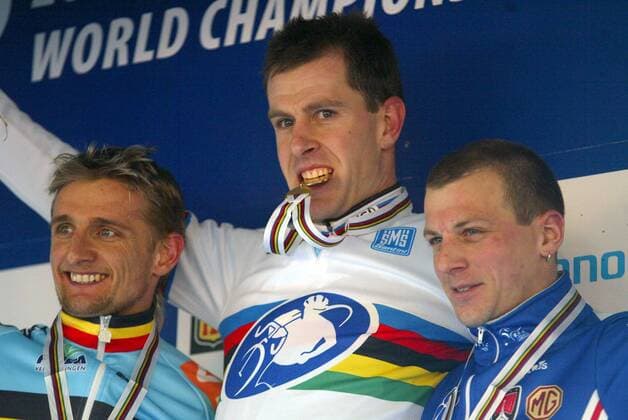 Sieger Erwin Vervecken (Mitte), Bart Wellens (li., beide Belgien) und Francis Mourey (Frankreich) - Siegerehrung Radsport WM Herren UCI Cyclo Cross Weltmeisterschaft 2006, CycloCross, Crossrennen, Rad, Querfeldein, Querfeldeinfahren Gruppe Zeddam