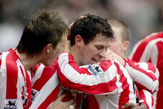 Torjubel Sunderland - Danny Collins (li.) und Torschütze Daryl Murphy -  Fußball Herren English Premier League 2005 2006, 1. Englische Liga, Sunderland FC, AFC Gruppe Sunderland Glück, Harmonie, Begeisterung, Freude,