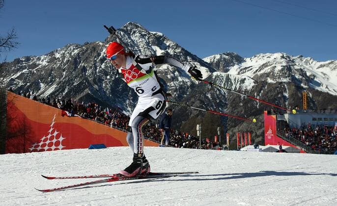 Kati Wilhelm (Deutschland) Biathlon OS Winter Damen Olympische Spiele Turin 2006, Winterspiele, 15km, 15 km, Kilometer Einzelbild Cesana San Sicario