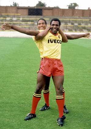 Luther Blissett (re.) und John Barnes (beide Watford) -  Fußball Herren English First Division 1982 1983, 1. Englische Liga, FC Watford, Vdia Gruppe Watford