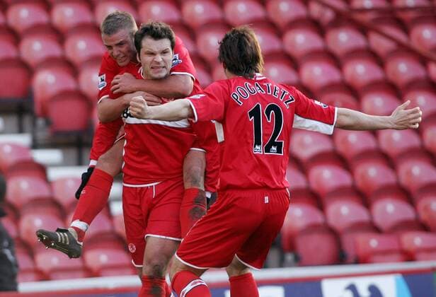 Torjubel Middlesbrough, v.li.: Lee Cattermole, Mark Viduka und Emanuel Pogatetz -  Fußball Herren English Premier League 2005 2006, 1. Englische Liga, Middlesbrough FC Gruppe Middlesbrough Freude,