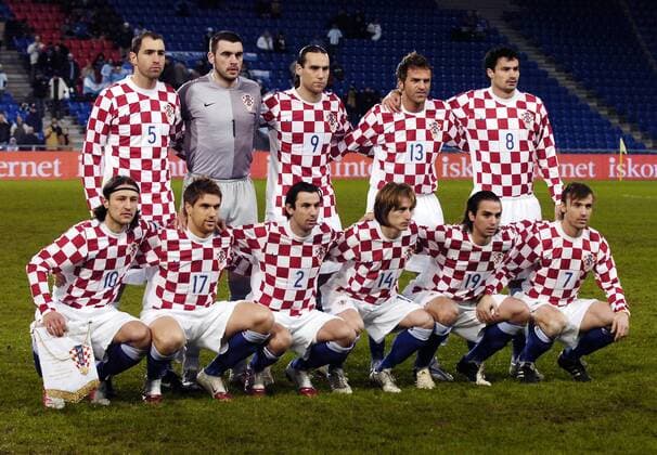 Mannschaftsbild Kroatien, hi.v.li.: Igor Tudor, Torwart Stipe Pletikosa, Dado Prso, Stjepan Tomas, Marko Babic, vorn: Niko Kovac, Ivan Klasnic, Darijo Srna, Luka Modric, Niko Kranjcar, Dario Simic Fußball Länderspiel Herren Länderspiel 2006, Freundschaftsspiel, Test, Testspiel, Nationalmannschaft, Nationalteam Totale Basel