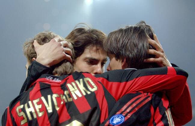 Torjubel Milan v.re.: Filippo Inzaghi, Kaka und Andriy Shevchenko Fußball EC 1 Herren Champions League Saison 2005 2006, AC Mailand Gruppe Achtelfinale, Rückspiel Mailand Glück, Harmonie,