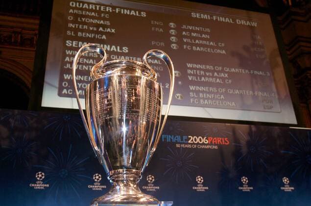 Die neue Version des Coupe des Clubs Champion Europeens mit den Namen aller Champions League Gewinner Fußball EC 1 Herren Champions League 2005 2006, Viertelfinale, Auslosung, Ziehung, auslosen Einzelbild pan13054 Paris  