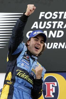 Sieger Fernando Alonso (Spanien Renault) während der Siegerehrung zum großen Preis von Australien Motorsport Grand Prix Herren Großer Preis von Australien 2006, Formel 1 Weltmeisterschaft, F1, F, GP, WM Einzelbild Albert Park Melbourne Freude