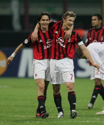 Filippo Inzaghi (li.) und Andriy Shevchenko (beide Milan) - Schlussjubel -  Fußball EC 1 Herren UEFA Champions League 2005 2006, AC Mailand, Serie A, 1. Italienische Liga, Gruppe Mailand Freude,