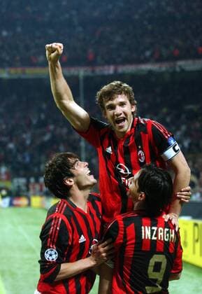 Andriy Shevchenko (Mitte), Kaka (li.) und Filippo Inzaghi (alle Milan) - Torjubel Fußball EC 1 Herren Champions League 2005 2006, AC Mailand Gruppe Mailand Freude,