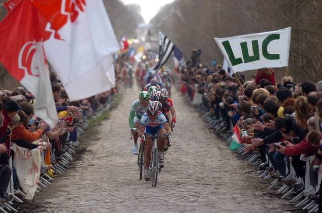 Das Fahrerfeld von Paris - Roubaix quält sich über die Kopfsteinpflasterstrecke durch den Wald von Arenberg Radsport Herren Paris Roubaix 2006, Straßenradsport, Straße, Rad Totale Paris - Roubaix Anstrengung,