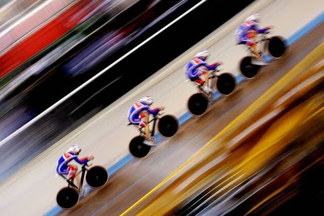 Mannschaft aus Großbritannien mit Stephen Cummings, Robert Hayles, Paul Manning und Geraint Thomas während der 4000m Mannschaftsverfolgung -  (pan13698) Radsport WM Herren Weltmeisterschaft 2006, Rad, Bahn, Bahnrad, Bahnradsport, Radrennsport, Nationaltrikot Gruppe Bordeaux Dynamik,  