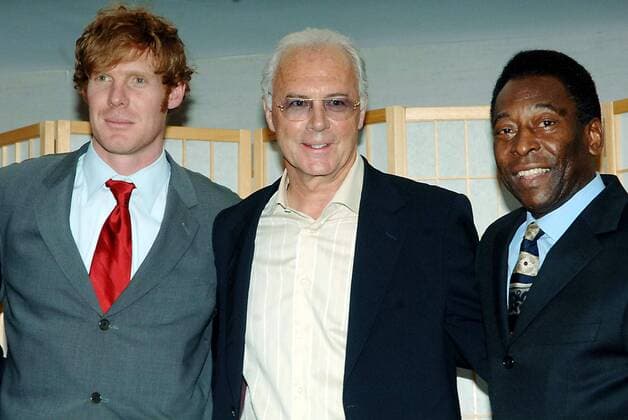 Pressetermin v.li.: General Manager Alexi Lalas (New York Red Bulls), Franz Beckenbauer (Deutschland) und Pele (Brasilien), die früher für Cosmos New York aktiv waren -  (nyp2006041707) Fußball Herren MLS 2006, Major League Soccer, New York RedBulls, RedBull, Bull, RB, NY, N Y, Vdig Gruppe