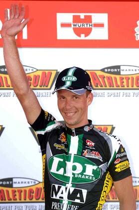 Daniele Contrini (Italien LPR Brakes) gewinnt die 2. Etappe der Tour de Suisse 2006 und freut sich auf der Siegerehrung -  Radsport Herren Tour de Suisse 2006, ProTour, Straßenradsport, Straße, Rad Einzelbild 2. Etappe: Bremgarten - Einsiedeln Freude,