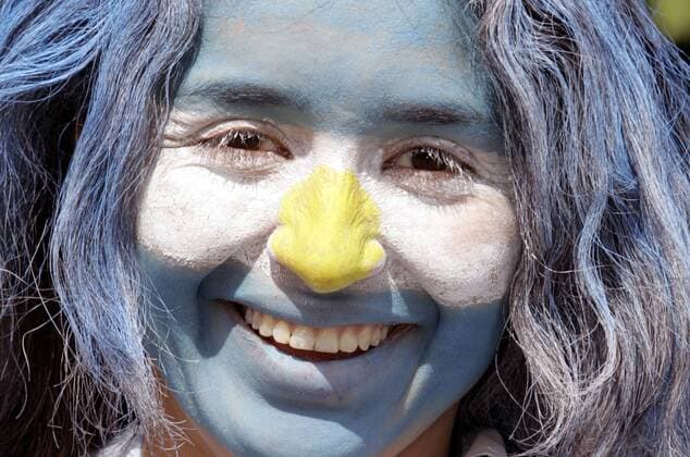 Weiblicher argentinischer Fan mit Gesicht und Haaren in Landesfarben -  Fußball WM WM 2006, Länderspiel, Nationalteam, Gruppe C Porträt Gelsenkirchen Fußball WM WM 2006, Länderspiel, Nationalteam, Gruppe C Porträt Gelsenkirchen