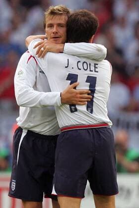 David Beckham (li.) und Joe Cole (beide England) - Torjubel Fußball WM Herren WM 2006, Länderspiel, Nationalteam, Nationaltrikot, Achtelfinale Gruppe Stuttgart Freude, Fußball WM Herren WM 2006, Länderspiel, Nationalteam, Nationaltrikot, Achtelfinale Gruppe Stuttgart Freude,