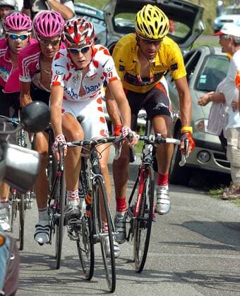Mickael Rasmussen (Dänemark Rabobank, Mitte) vor Oscar Pereiro Sio (Spanien Caisse D Epargne Illes Balears, re.) - Radsport Herren Tour de France 2006, ProTour, Straße, Rad, Straßenradsport Gruppe 17. Etappe: Saint Jean de Maurienne - Morzine Radsport Herren Tour de France 2006, ProTour, Straße, Rad, Straßenradsport Gruppe 17. Etappe: Saint Jean de Maurienne - Morzine
