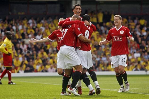Torjubel Manchester United, v.li.: Mikael Silvestre, Cristiano Ronaldo, Louis Saha und Ole Gunnar Solskjaer - EDITORIAL USE ONLY. No use with unauthorised audio, video, data, fixture lists, club league logos or live services. Online in-match use limited to 120 images, no video emulation. No use in betting, games or single club league player publications. Fußball Herren English Premier League 2006 2007, 1. Englische Liga, Manchester United, ManU Gruppe Watford Begeisterung, Freude, Fußball Herren English Premier League 2006 2007, 1. Englische Liga, Manchester United, ManU Gruppe Watford Begeisterung, Freude,