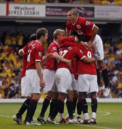 Torjubel Manchester United, v.li.: Michael Carrick, Darren Fletcher, Mikael Silvestre, Louis Saha und Rio Ferdinand - EDITORIAL USE ONLY. No use with unauthorised audio, video, data, fixture lists, club league logos or live services. Online in-match use limited to 120 images, no video emulation. No use in betting, games or single club league player publications. Fußball Herren English Premier League 2006 2007, 1. Englische Liga, Manchester United, ManU Gruppe Watford Freude, Begeisterung, Fußball Herren English Premier League 2006 2007, 1. Englische Liga, Manchester United, ManU Gruppe Watford Freude, Begeisterung,