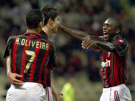 Torjubel Milan, v.re.: Clarence Seedorf, Kaka und Ricardo Oliveira -  Fußball Herren Serie A 2006 2007, 1. Italienische Liga, AC Mailand Gruppe Parma Freude, Fußball Herren Serie A 2006 2007, 1. Italienische Liga, AC Mailand Gruppe Parma Freude,