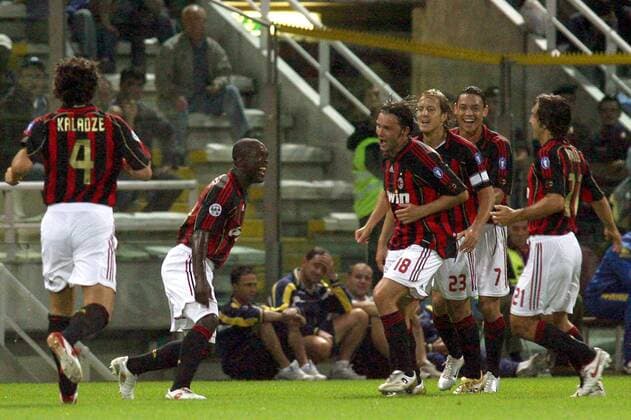 Torjubel Milan, v.li.: Kakhaber Kaladze, Torschütze Clarence Seedorf, Marek Jankulovski, Massimo Ambrosini, Ricardo Oliveira und Andrea Pirlo - Fußball Herren Serie A 2006 2007, 1. Italienische Liga, AC Mailand Gruppe Parma Freude, Fußball Herren Serie A 2006 2007, 1. Italienische Liga, AC Mailand Gruppe Parma Freude,