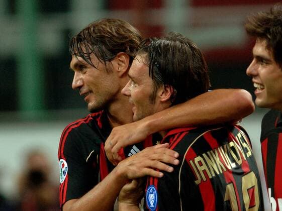 Torschütze Marek Jankulovski (Mitte) jubelt mit Paolo Maldini (li.) und Kaka (alle Milan) - Fußball Herren Serie A 2006 2007, 1. Italienische Liga, AC Mailand, Vdig Gruppe Mailand Harmonie, Freude, Fußball Herren Serie A 2006 2007, 1. Italienische Liga, AC Mailand, Vdig Gruppe Mailand Harmonie, Freude,