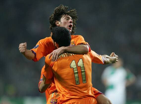 Lionel Messi (hi.) und Gianluca Zambrotta (beide FC Barcelona) - Torjubel Fußball EC 1 Herren Champions League 2006 2007, SV Werder Bremen - FC Barcelona 1:1, Barca Gruppe Bremen Freude, Begeisterung Fußball EC 1 Herren Champions League 2006 2007, SV Werder Bremen - FC Barcelona 1:1, Barca Gruppe Bremen Freude, Begeisterung