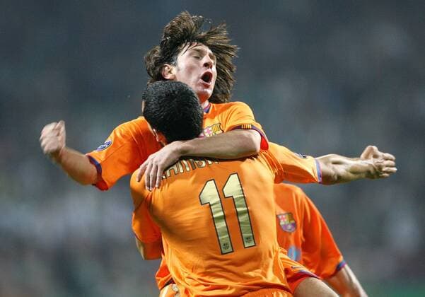 Lionel Messi (hi.) und Gianluca Zambrotta (beide FC Barcelona) - Torjubel Fußball EC 1 Herren Champions League 2006 2007, FC Barcelona, Barca Gruppe Bremen Freude, Begeisterung, Fußball EC 1 Herren Champions League 2006 2007, FC Barcelona, Barca Gruppe Bremen Freude, Begeisterung,
