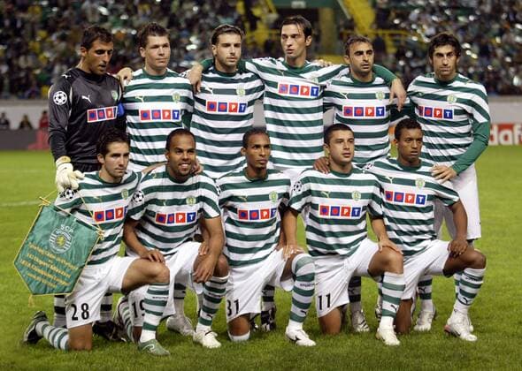 Mannschaftsbild Sporting Lissabon, hi.v.li.: Torwart Ricardo, Anderson Polga, Miguel Veloso, Tonel, Carlos Martins, Marco Caneira, vorn: Joao Moutinho, Alecsandro, Liedson, Rodrigo Alvaro Tello und Nani -  Fußball EC 1 Herren Champions League 2006 2007, Sporting Lissabon, Vdig, quer, Totale Lissabon Fußball EC 1 Herren Champions League 2006 2007, Sporting Lissabon, Vdig, quer, Totale Lissabon